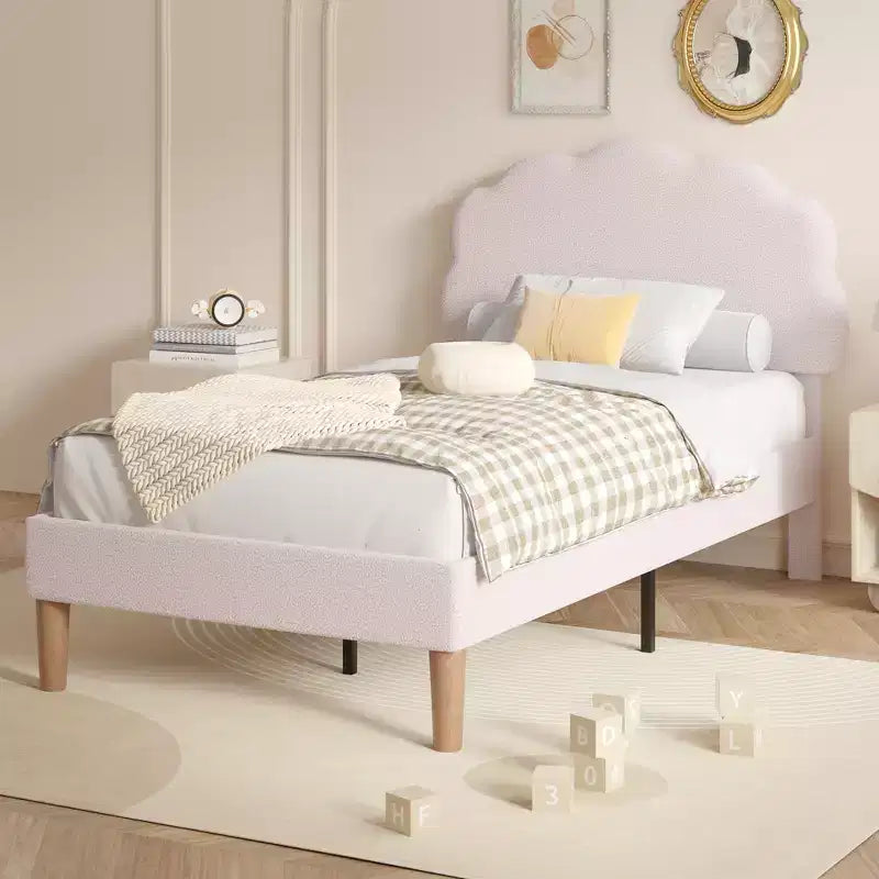 VECELO Wooden Cloud-Shaped Kids Bed Frame Upholstered Platform Bed with Adjustable Headboard, No Box Spring Needed