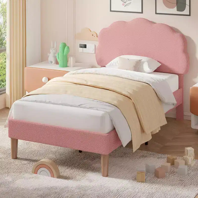 VECELO Wooden Cloud-Shaped Kids Bed Frame Upholstered Platform Bed with Adjustable Headboard, No Box Spring Needed