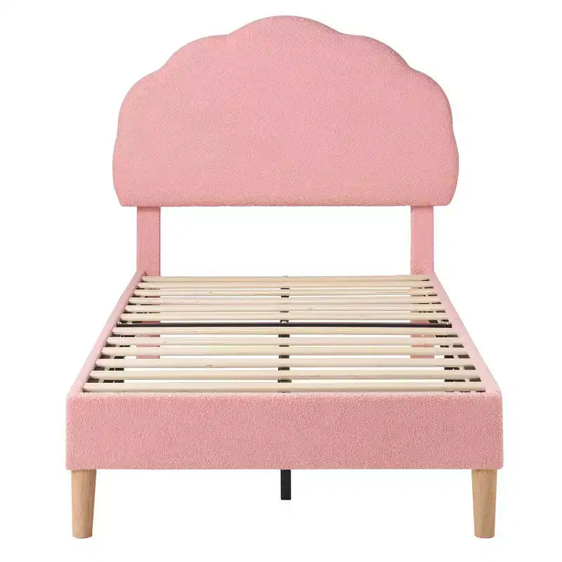 VECELO Wooden Cloud-Shaped Kids Bed Frame Upholstered Platform Bed with Adjustable Headboard, No Box Spring Needed