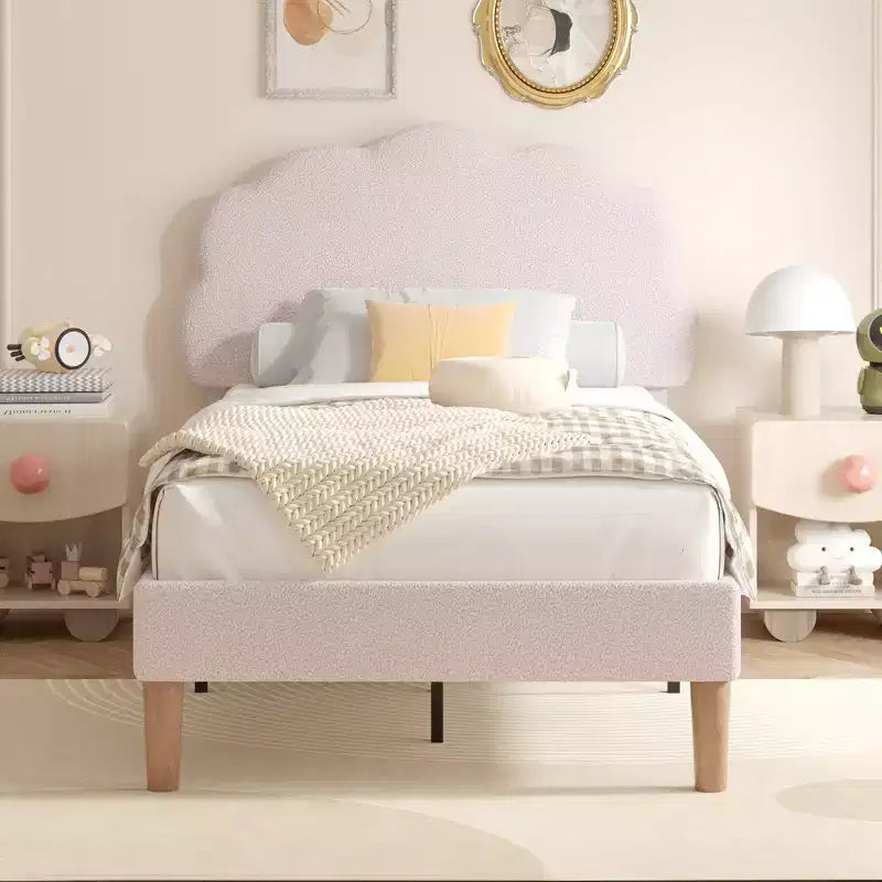 VECELO Wooden Cloud-Shaped Kids Bed Frame Upholstered Platform Bed with Adjustable Headboard, No Box Spring Needed