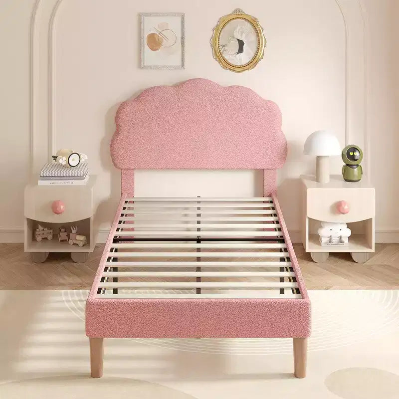 VECELO Wooden Cloud-Shaped Kids Bed Frame Upholstered Platform Bed with Adjustable Headboard, No Box Spring Needed