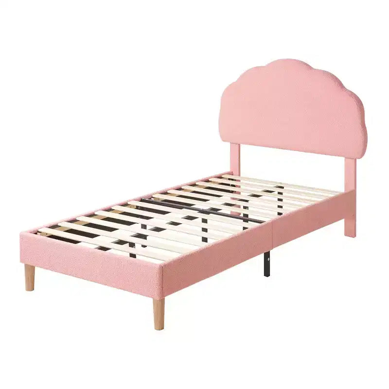 VECELO Wooden Cloud-Shaped Kids Bed Frame Upholstered Platform Bed with Adjustable Headboard, No Box Spring Needed