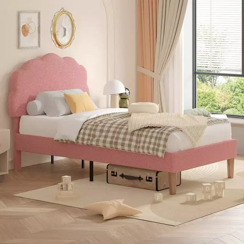 VECELO Wooden Cloud-Shaped Kids Bed Frame Upholstered Platform Bed with Adjustable Headboard, No Box Spring Needed