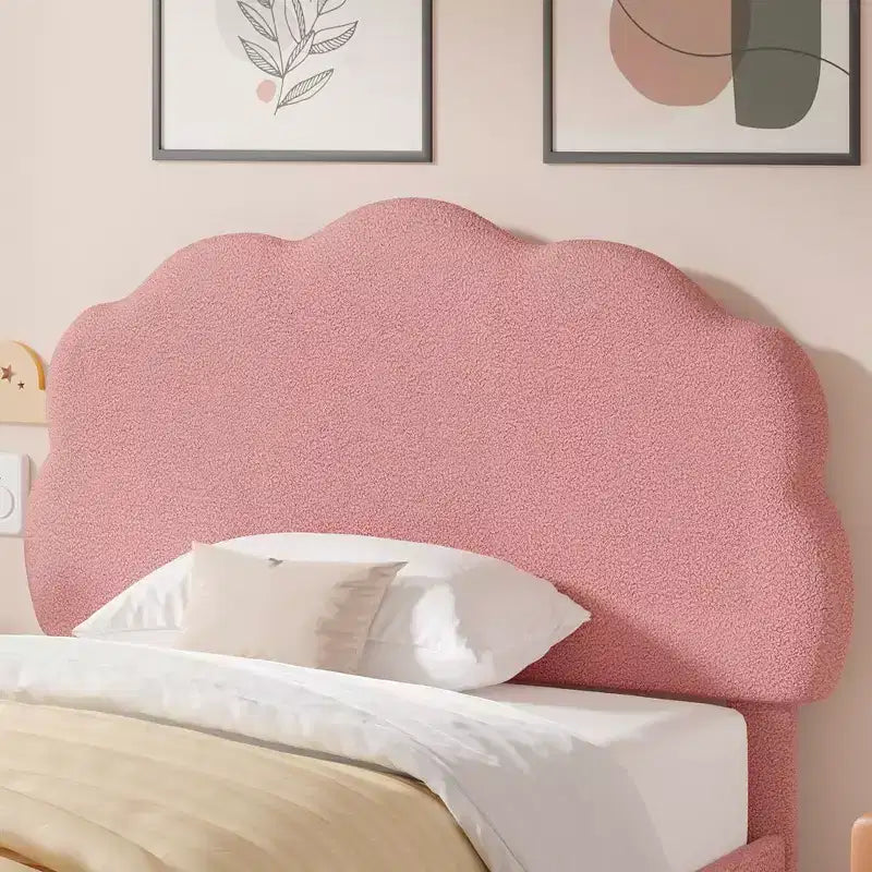 VECELO Wooden Cloud-Shaped Kids Bed Frame Upholstered Platform Bed with Adjustable Headboard, No Box Spring Needed