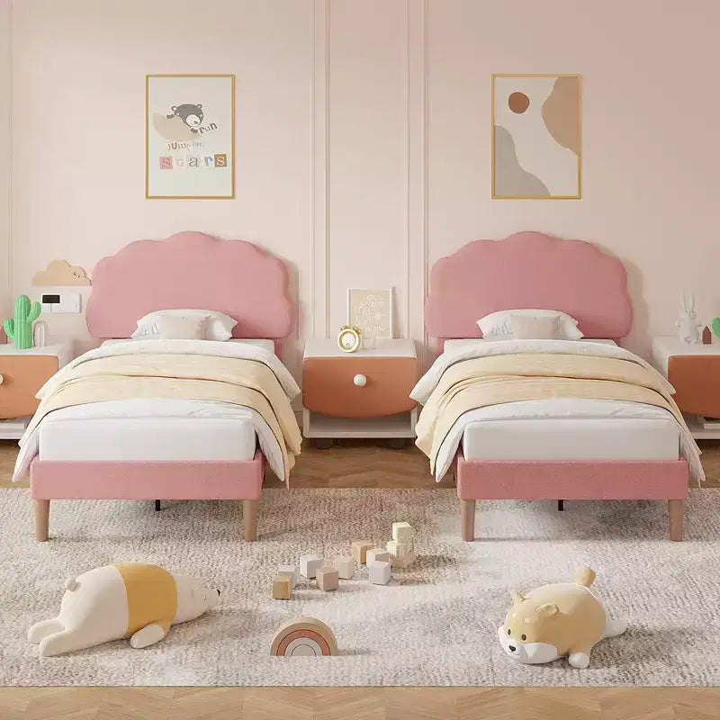 VECELO Wooden Cloud-Shaped Kids Bed Frame Upholstered Platform Bed with Adjustable Headboard, No Box Spring Needed