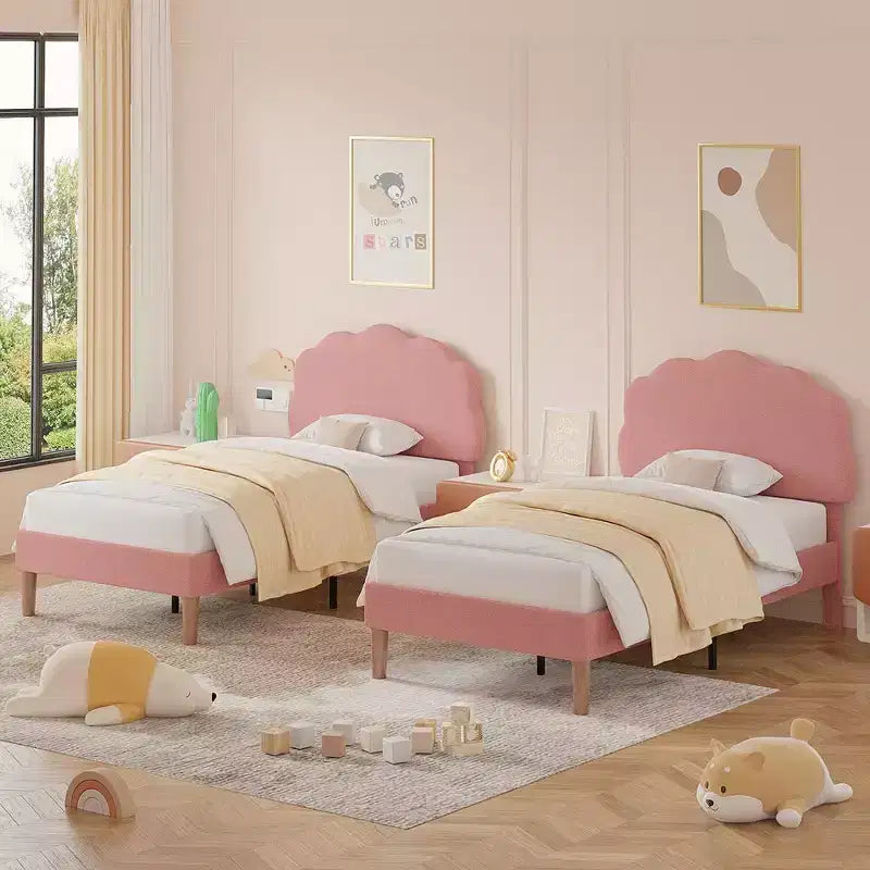 VECELO Wooden Cloud-Shaped Kids Bed Frame Upholstered Platform Bed with Adjustable Headboard, No Box Spring Needed