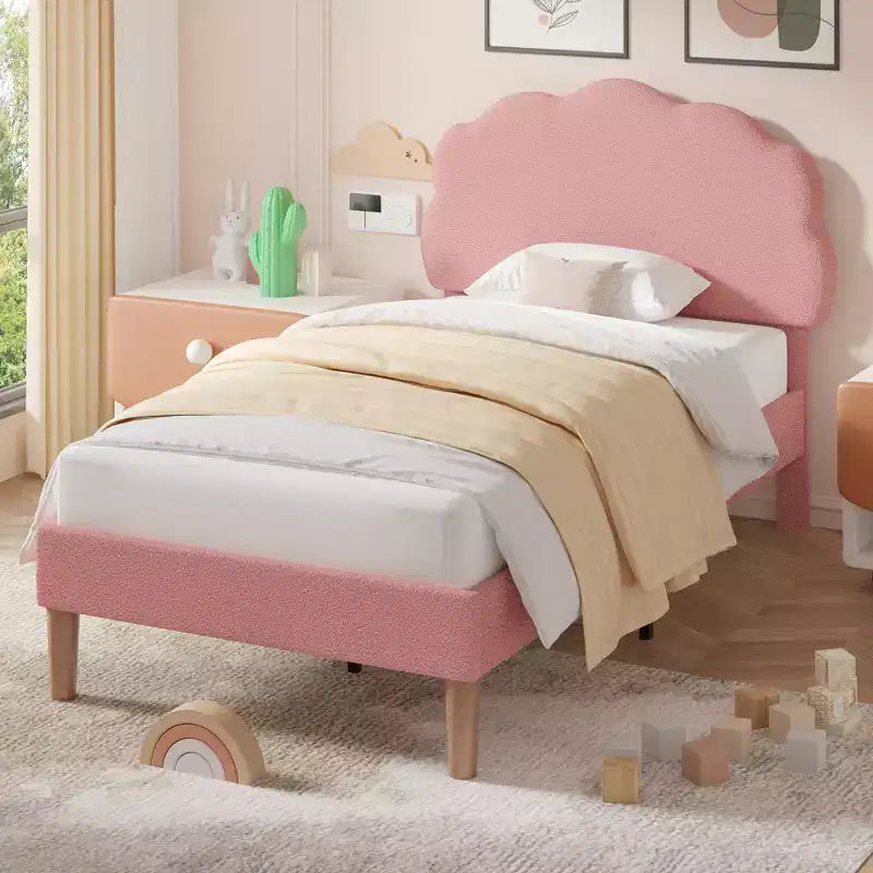 VECELO Wooden Cloud-Shaped Kids Bed Frame Upholstered Platform Bed with Adjustable Headboard, No Box Spring Needed