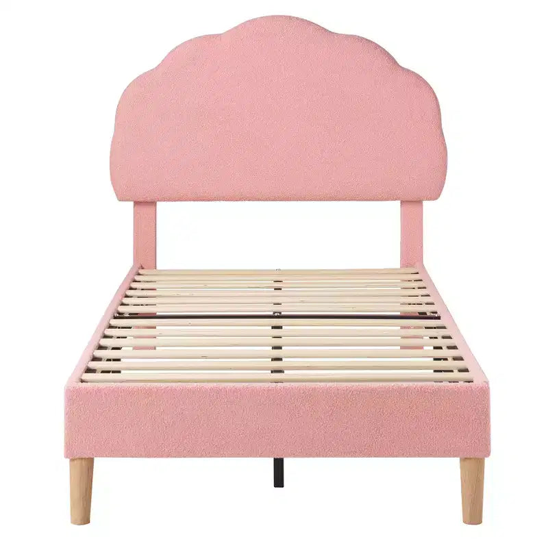 VECELO Wooden Cloud-Shaped Kids Bed Frame Upholstered Platform Bed with Adjustable Headboard, No Box Spring Needed
