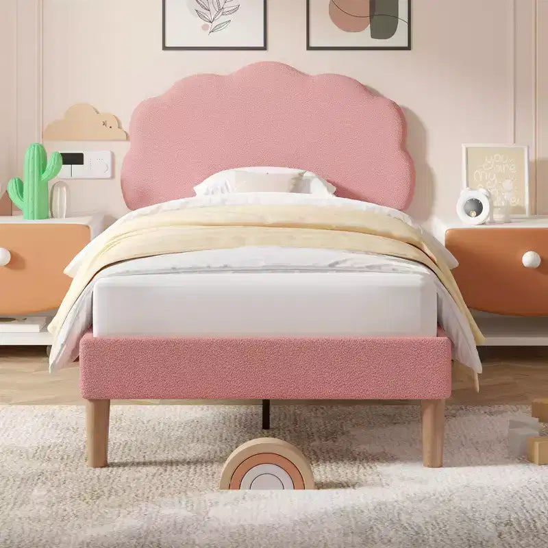 VECELO Wooden Cloud-Shaped Kids Bed Frame Upholstered Platform Bed with Adjustable Headboard, No Box Spring Needed