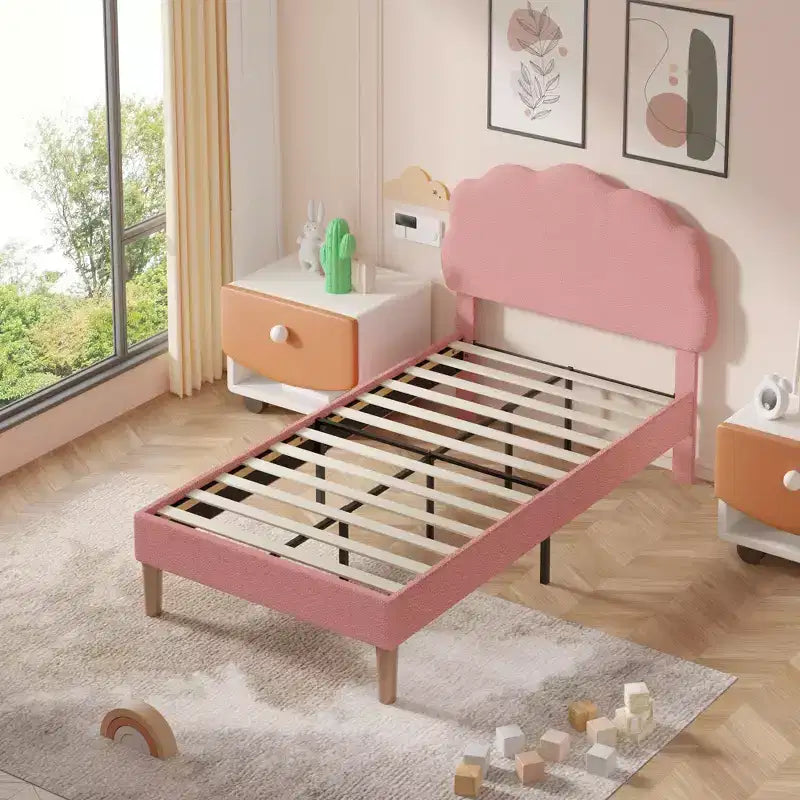 VECELO Wooden Cloud-Shaped Kids Bed Frame Upholstered Platform Bed with Adjustable Headboard, No Box Spring Needed