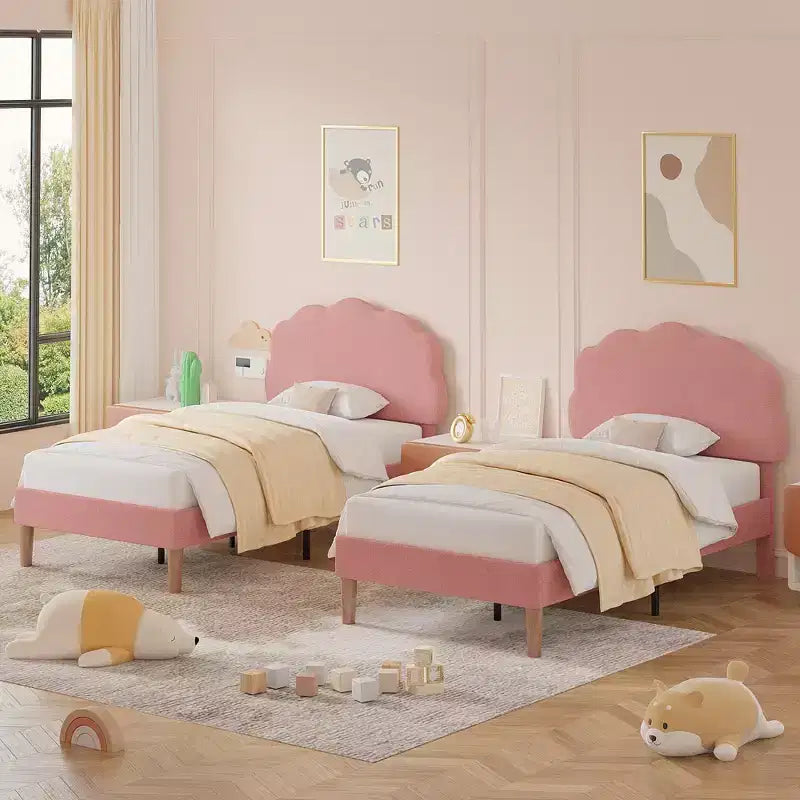 VECELO Wooden Cloud-Shaped Kids Bed Frame Upholstered Platform Bed with Adjustable Headboard, No Box Spring Needed