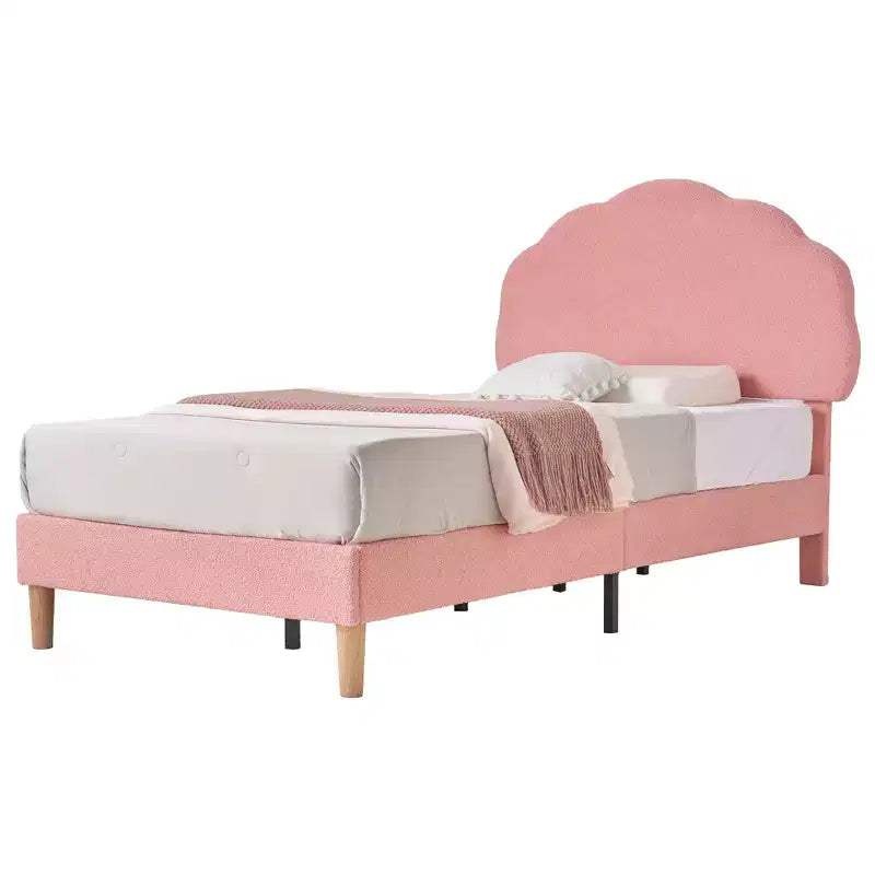 VECELO Wooden Cloud-Shaped Kids Bed Frame Upholstered Platform Bed with Adjustable Headboard, No Box Spring Needed