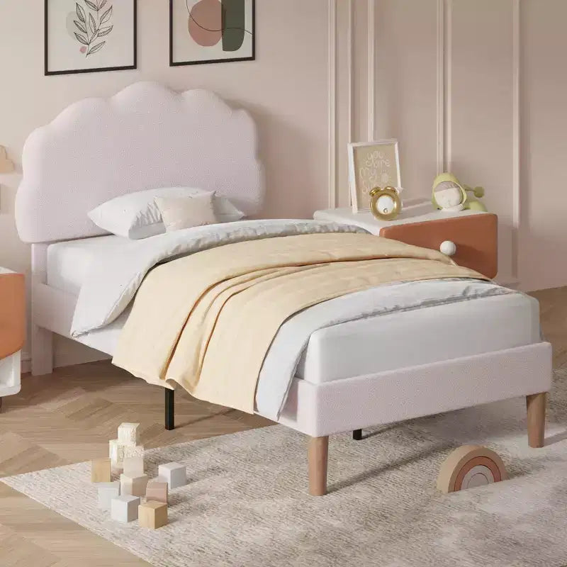 VECELO Wooden Cloud-Shaped Kids Bed Frame Upholstered Platform Bed with Adjustable Headboard, No Box Spring Needed
