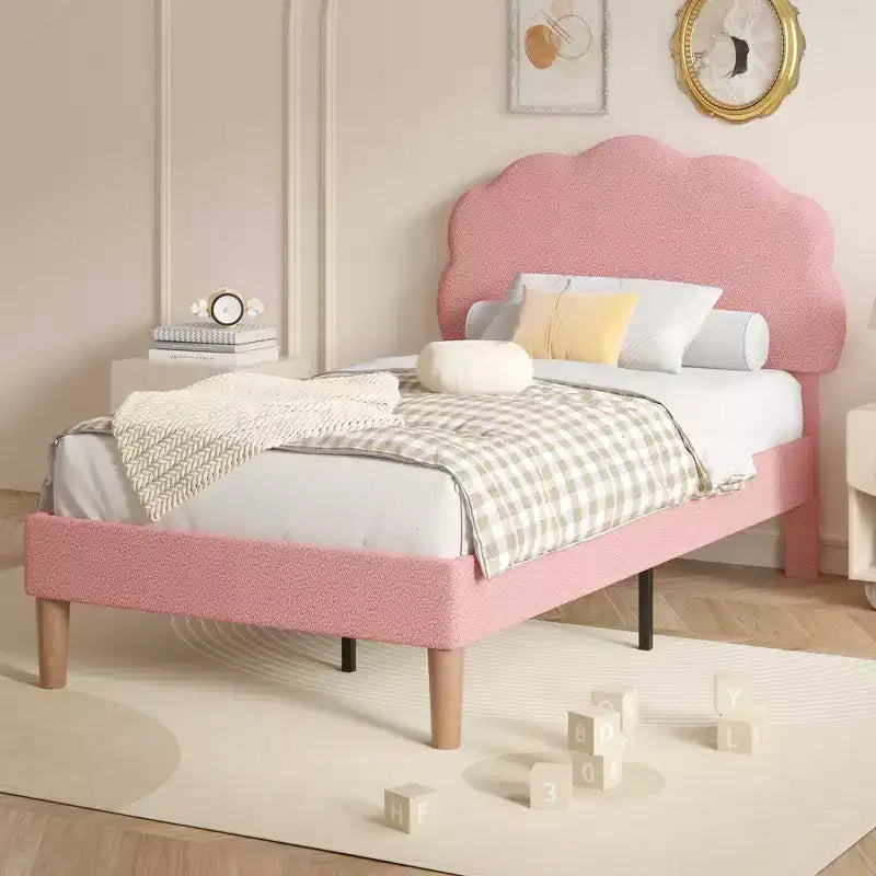 VECELO Wooden Cloud-Shaped Kids Bed Frame Upholstered Platform Bed with Adjustable Headboard, No Box Spring Needed