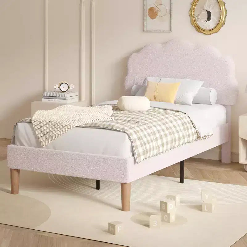VECELO Wooden Cloud-Shaped Kids Bed Frame Upholstered Platform Bed with Adjustable Headboard, No Box Spring Needed