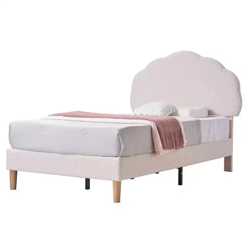 VECELO Wooden Cloud-Shaped Kids Bed Frame Upholstered Platform Bed with Adjustable Headboard, No Box Spring Needed