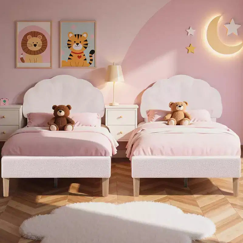 VECELO Wooden Cloud-Shaped Kids Bed Frame Upholstered Platform Bed with Adjustable Headboard, No Box Spring Needed