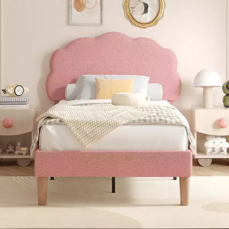 VECELO Wooden Cloud-Shaped Kids Bed Frame Upholstered Platform Bed with Adjustable Headboard, No Box Spring Needed