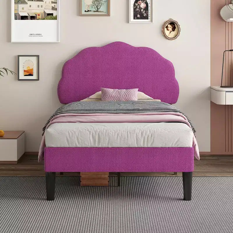 VECELO Wooden Cloud-Shaped Kids Bed Frame Upholstered Platform Bed with Adjustable Headboard, No Box Spring Needed