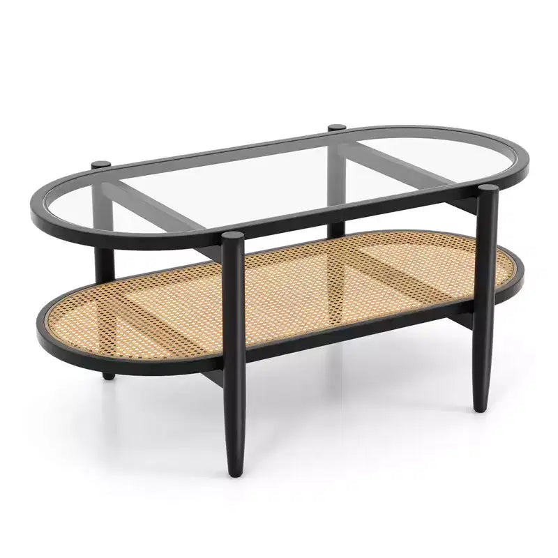 Costway 2-Tier Coffee Table Tempered Glass Top with PE Rattan Shelf & Acacia Wood Frame Black/Brown