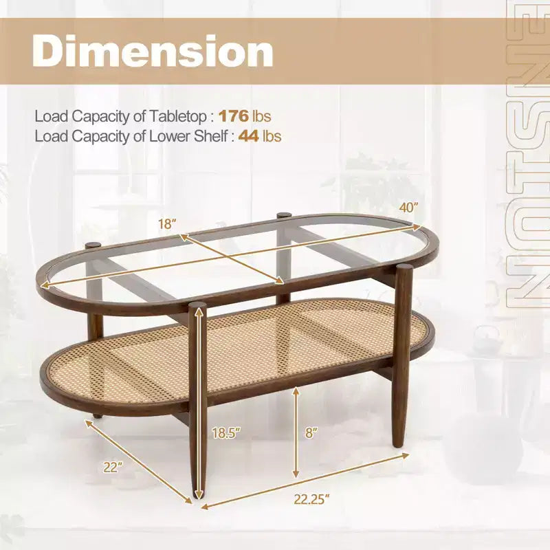 Costway 2-Tier Coffee Table Tempered Glass Top with PE Rattan Shelf & Acacia Wood Frame Black/Brown