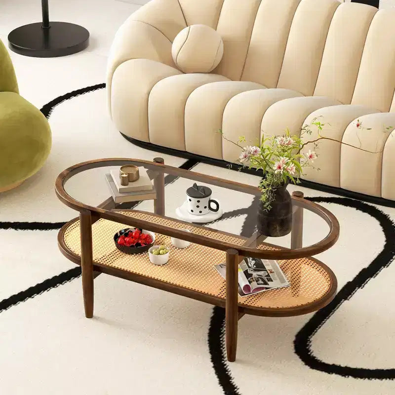 Costway 2-Tier Coffee Table Tempered Glass Top with PE Rattan Shelf & Acacia Wood Frame Black/Brown