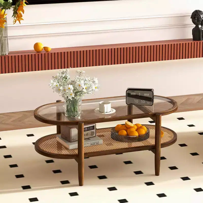 Costway 2-Tier Coffee Table Tempered Glass Top with PE Rattan Shelf & Acacia Wood Frame Black/Brown