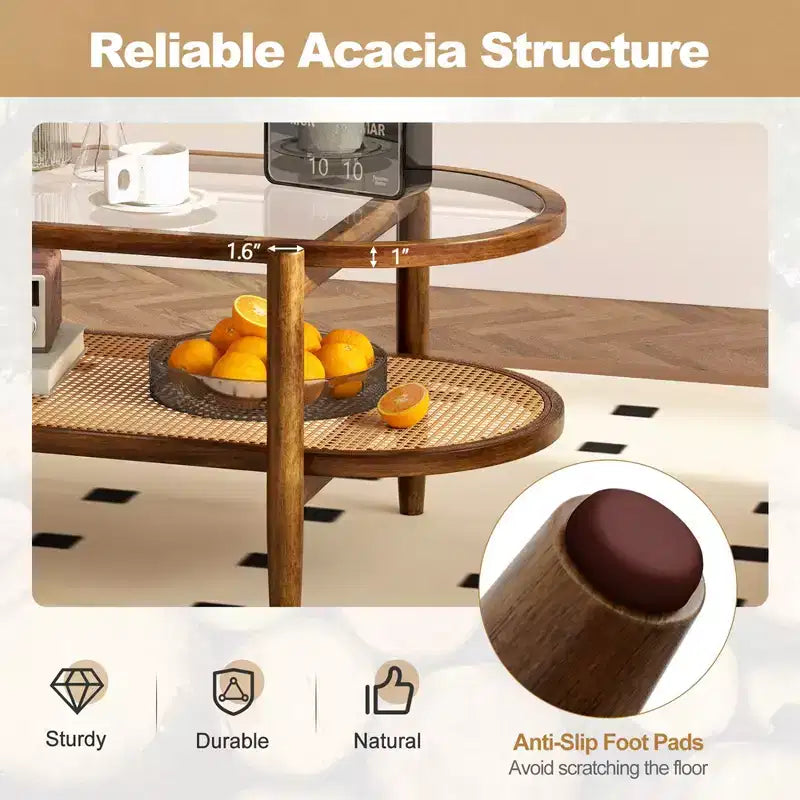Costway 2-Tier Coffee Table Tempered Glass Top with PE Rattan Shelf & Acacia Wood Frame Black/Brown