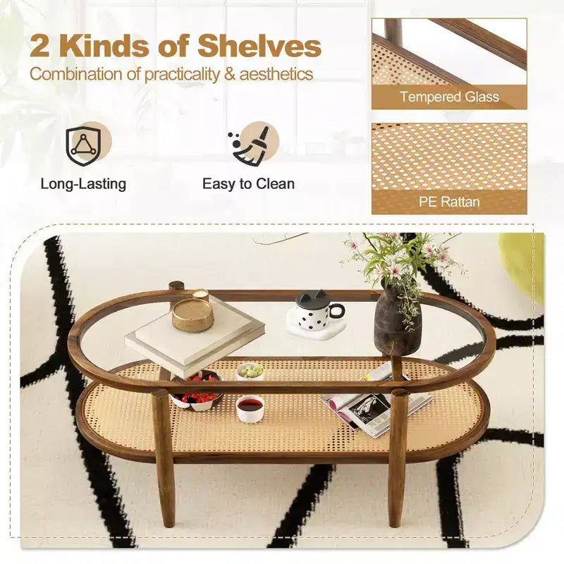 Costway 2-Tier Coffee Table Tempered Glass Top with PE Rattan Shelf & Acacia Wood Frame Black/Brown