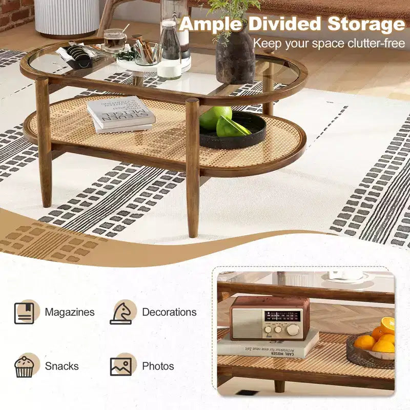 Costway 2-Tier Coffee Table Tempered Glass Top with PE Rattan Shelf & Acacia Wood Frame Black/Brown