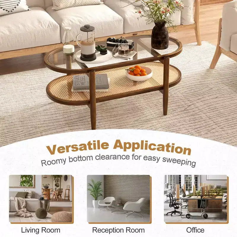 Costway 2-Tier Coffee Table Tempered Glass Top with PE Rattan Shelf & Acacia Wood Frame Black/Brown