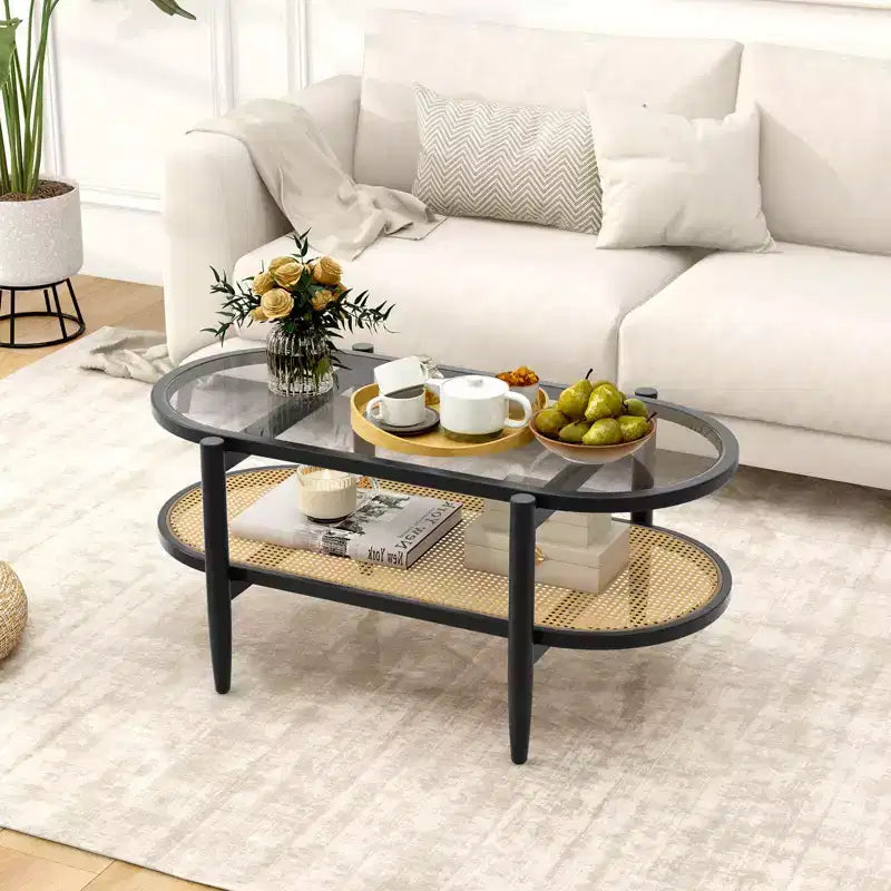 Costway 2-Tier Coffee Table Tempered Glass Top with PE Rattan Shelf & Acacia Wood Frame Black/Brown
