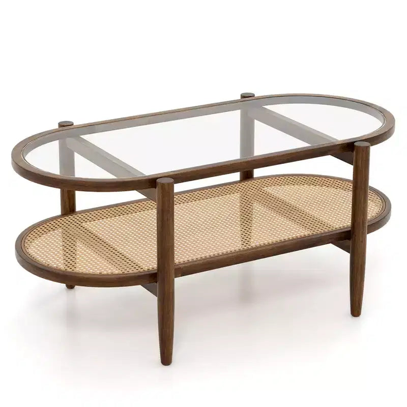 Costway 2-Tier Coffee Table Tempered Glass Top with PE Rattan Shelf & Acacia Wood Frame Black/Brown