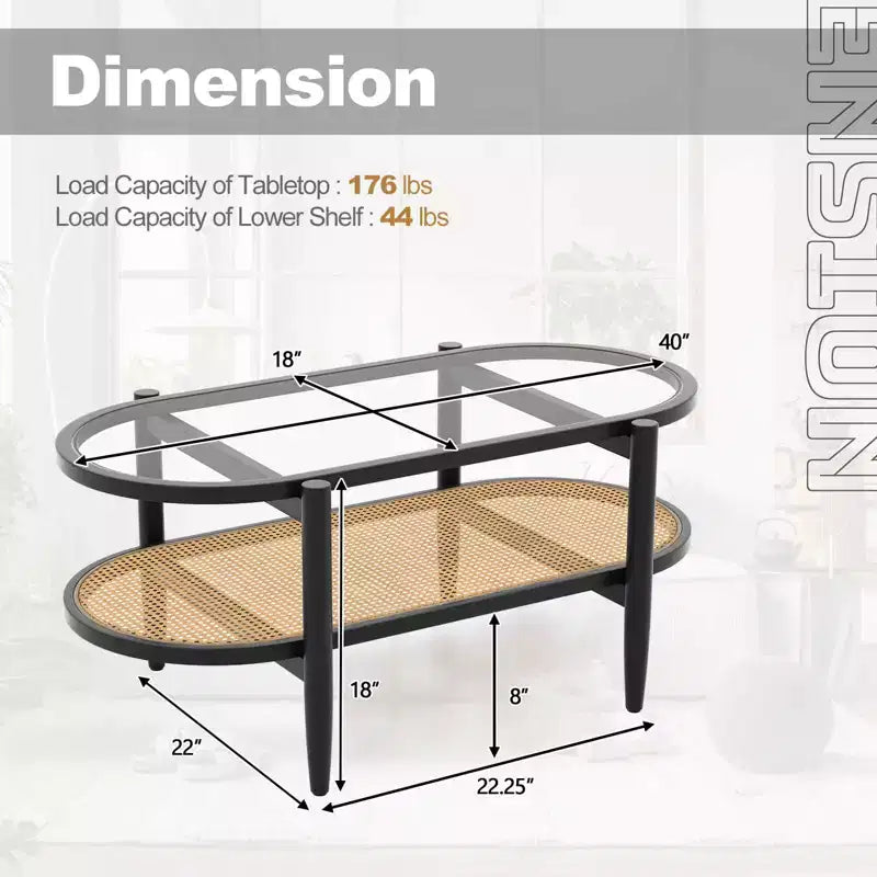 Costway 2-Tier Coffee Table Tempered Glass Top with PE Rattan Shelf & Acacia Wood Frame Black/Brown