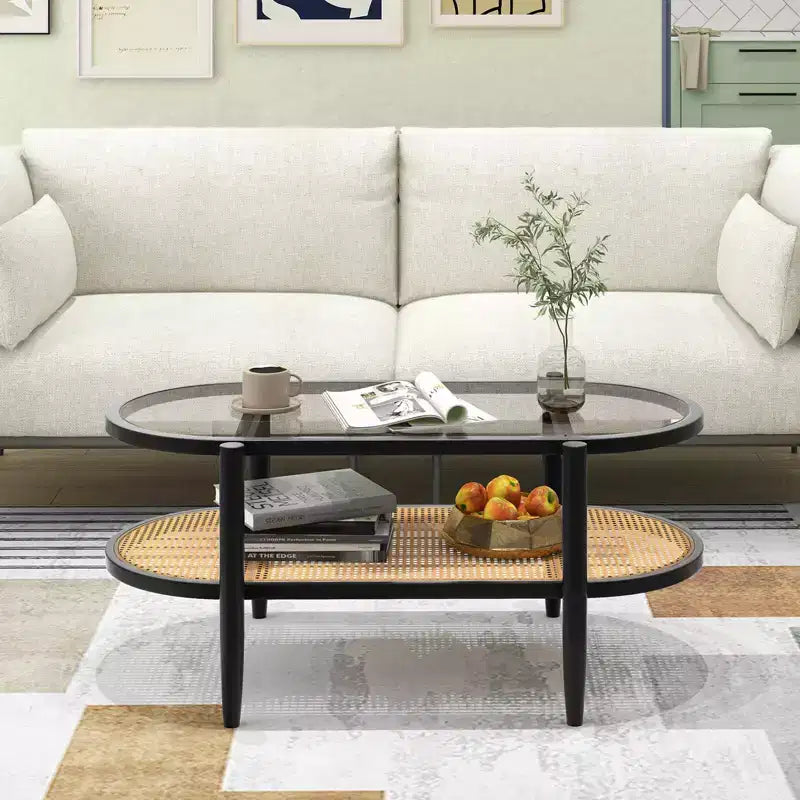 Costway 2-Tier Coffee Table Tempered Glass Top with PE Rattan Shelf & Acacia Wood Frame Black/Brown