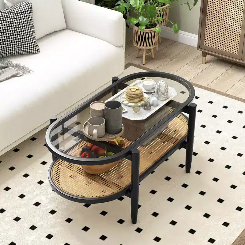 Costway 2-Tier Coffee Table Tempered Glass Top with PE Rattan Shelf & Acacia Wood Frame Black/Brown