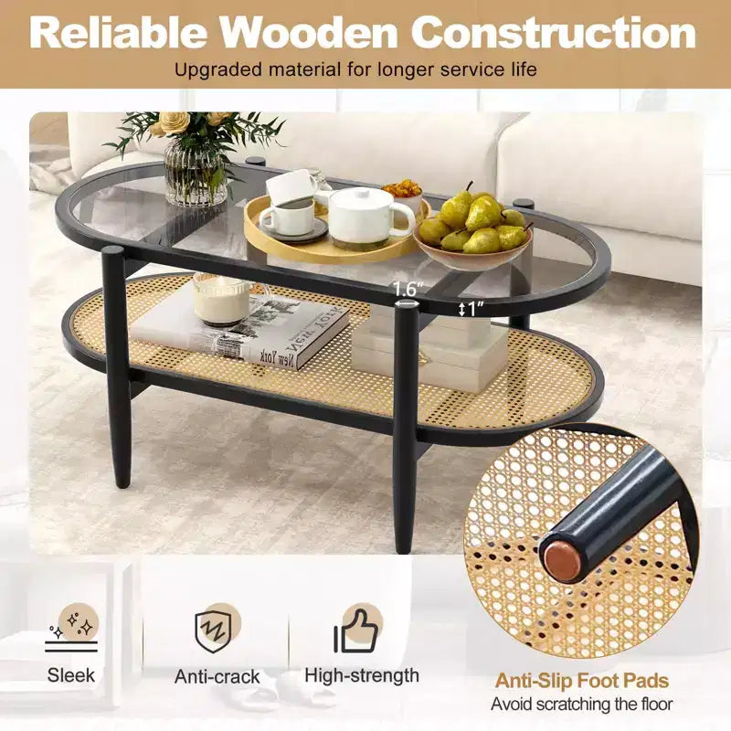 Costway 2-Tier Coffee Table Tempered Glass Top with PE Rattan Shelf & Acacia Wood Frame Black/Brown