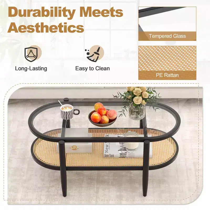 Costway 2-Tier Coffee Table Tempered Glass Top with PE Rattan Shelf & Acacia Wood Frame Black/Brown