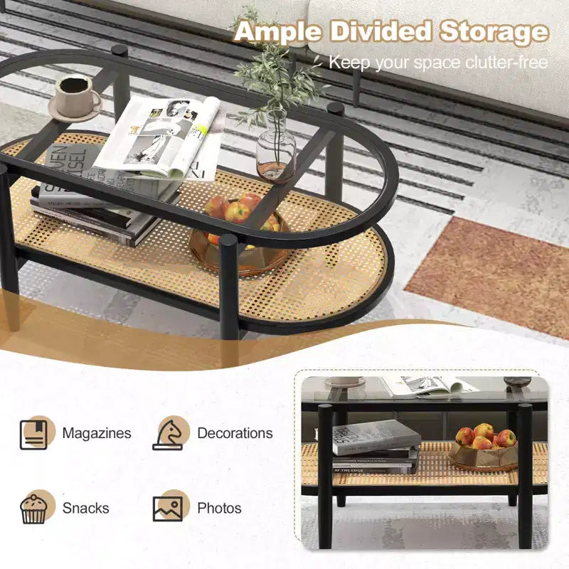 Costway 2-Tier Coffee Table Tempered Glass Top with PE Rattan Shelf & Acacia Wood Frame Black/Brown