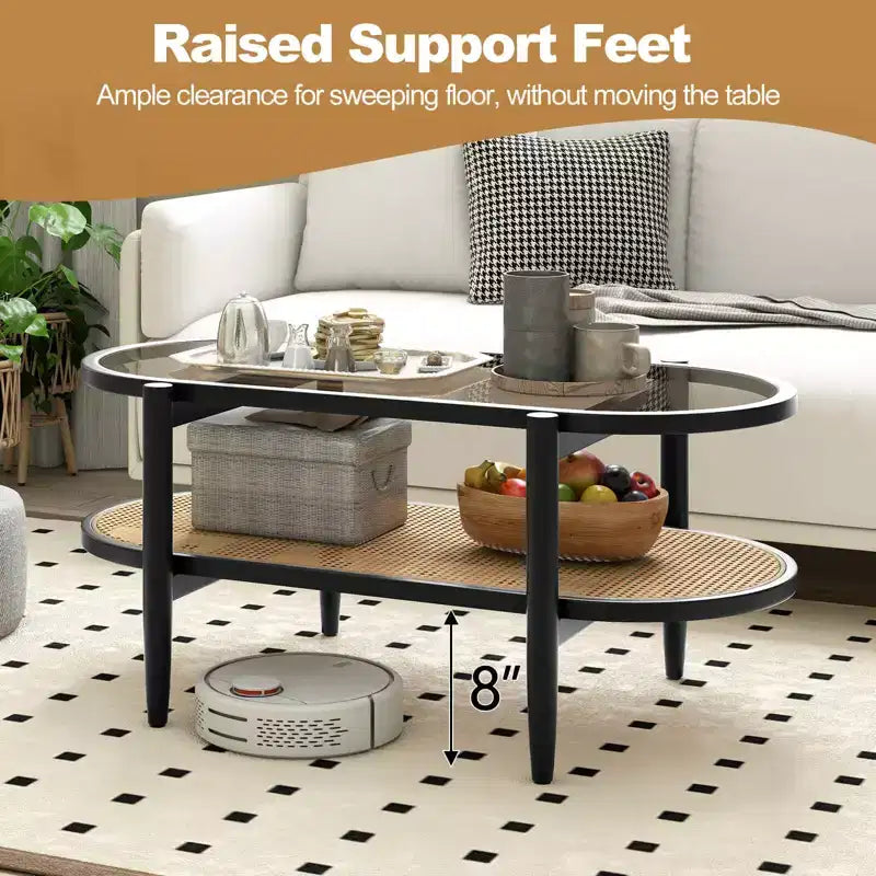 Costway 2-Tier Coffee Table Tempered Glass Top with PE Rattan Shelf & Acacia Wood Frame Black/Brown