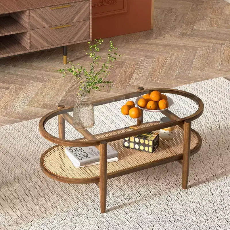 Costway 2-Tier Coffee Table Tempered Glass Top with PE Rattan Shelf & Acacia Wood Frame Black/Brown