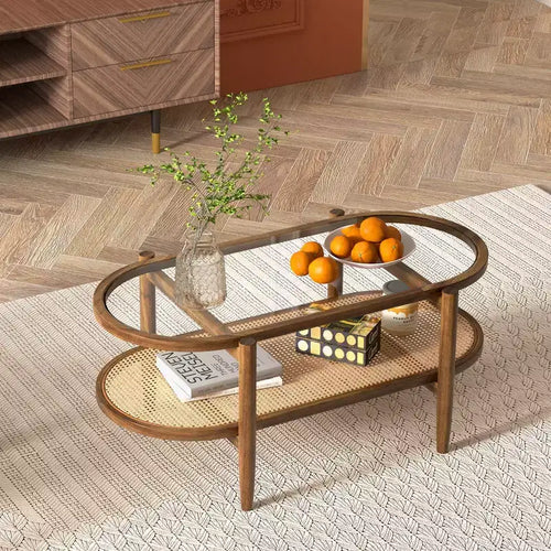 Costway 2-Tier Coffee Table Tempered Glass Top with PE Rattan Shelf & Acacia Wood Frame Black/Brown