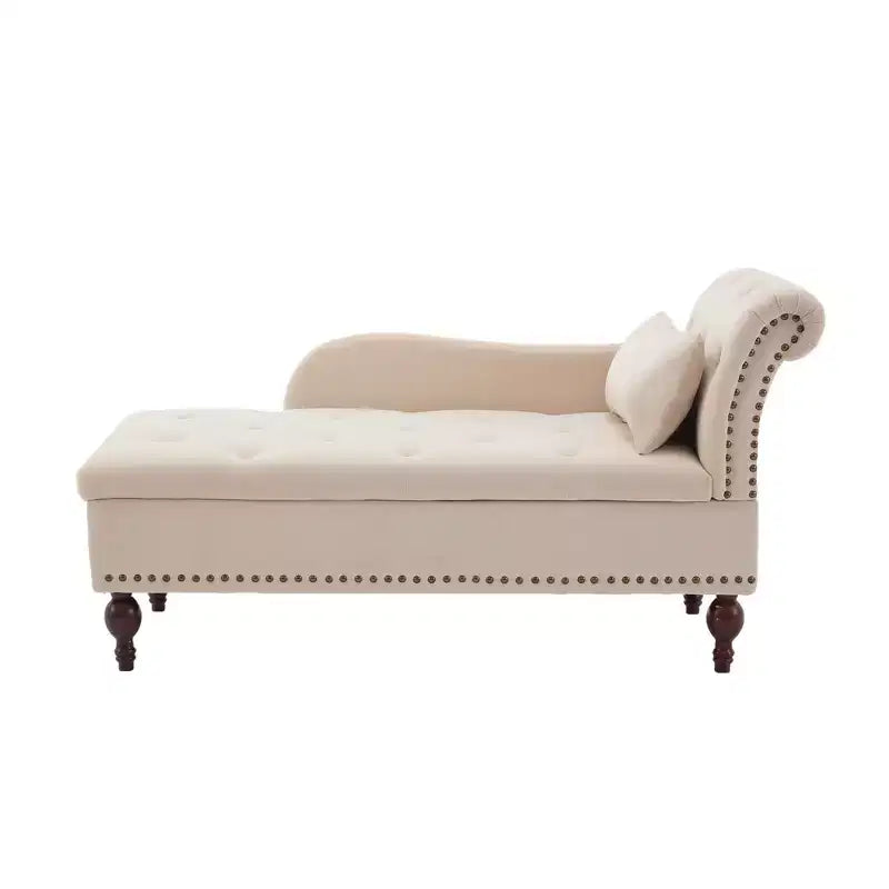 HYLEORY Storage Chaise Lounge, Modern Button Tufted Velvet Upholstered Leisure Accent Chair with Solid Wood Legs & Lumbar Pillow (right Armrest)