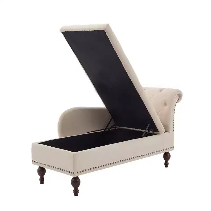 HYLEORY Storage Chaise Lounge, Modern Button Tufted Velvet Upholstered Leisure Accent Chair with Solid Wood Legs & Lumbar Pillow (right Armrest)