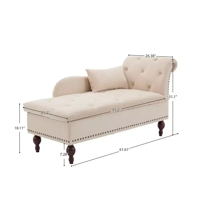 HYLEORY Storage Chaise Lounge, Modern Button Tufted Velvet Upholstered Leisure Accent Chair with Solid Wood Legs & Lumbar Pillow (right Armrest)