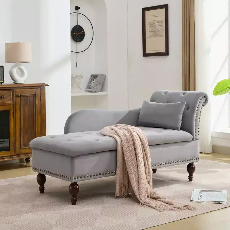 HYLEORY Storage Chaise Lounge, Modern Button Tufted Velvet Upholstered Leisure Accent Chair with Solid Wood Legs & Lumbar Pillow (right Armrest)