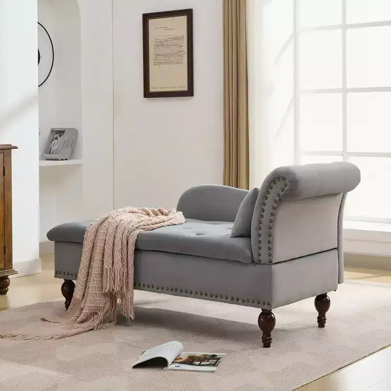 HYLEORY Storage Chaise Lounge, Modern Button Tufted Velvet Upholstered Leisure Accent Chair with Solid Wood Legs & Lumbar Pillow (right Armrest)