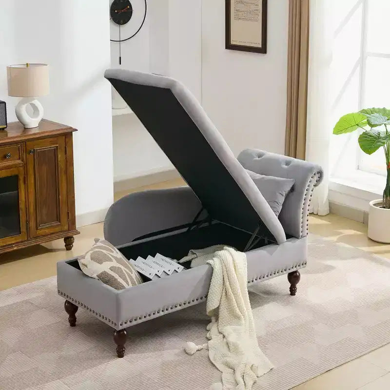 HYLEORY Storage Chaise Lounge, Modern Button Tufted Velvet Upholstered Leisure Accent Chair with Solid Wood Legs & Lumbar Pillow (right Armrest)