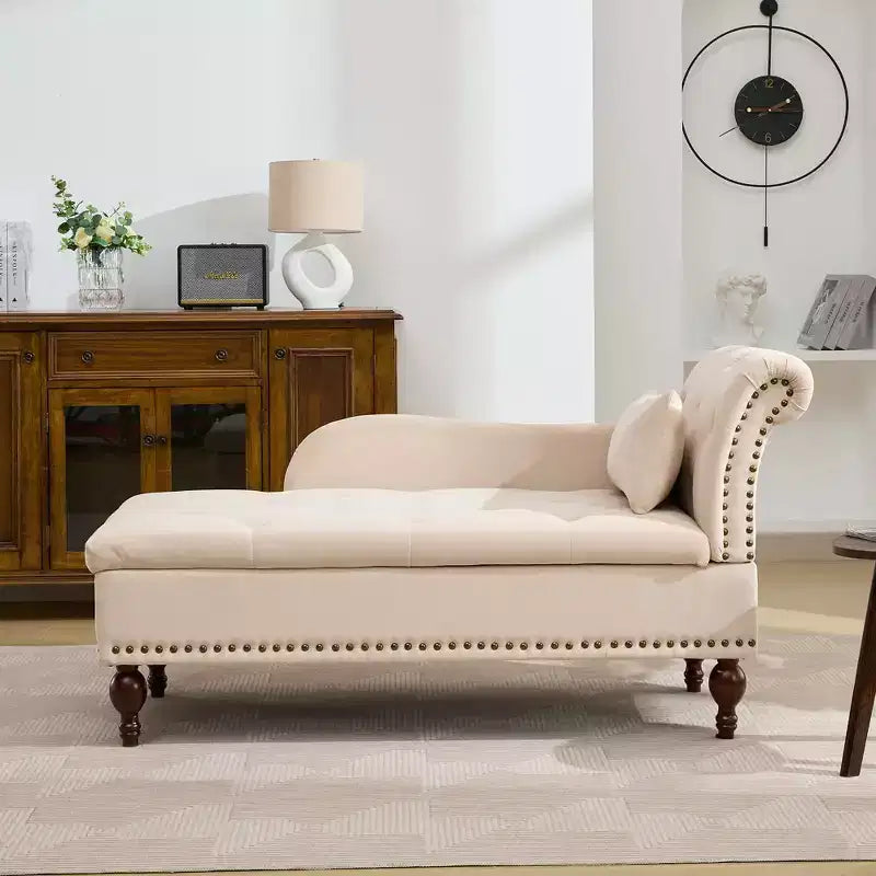 HYLEORY Storage Chaise Lounge, Modern Button Tufted Velvet Upholstered Leisure Accent Chair with Solid Wood Legs & Lumbar Pillow (right Armrest)