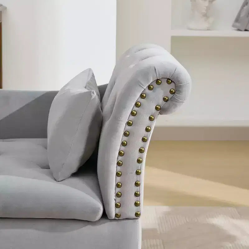 HYLEORY Storage Chaise Lounge, Modern Button Tufted Velvet Upholstered Leisure Accent Chair with Solid Wood Legs & Lumbar Pillow (right Armrest)
